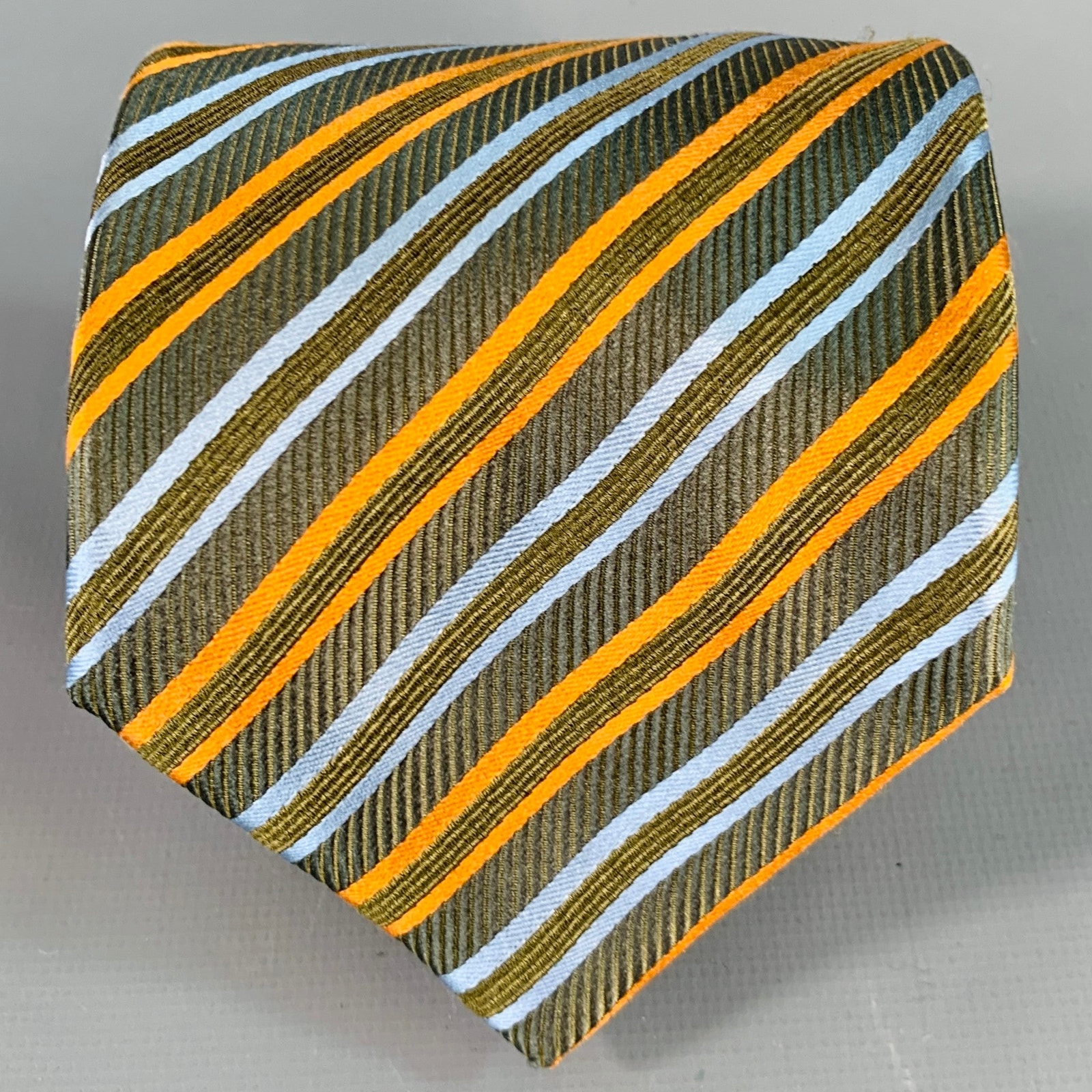 Brioni Green Blue Orange Diagonal Stripe Silk Cotton Tie